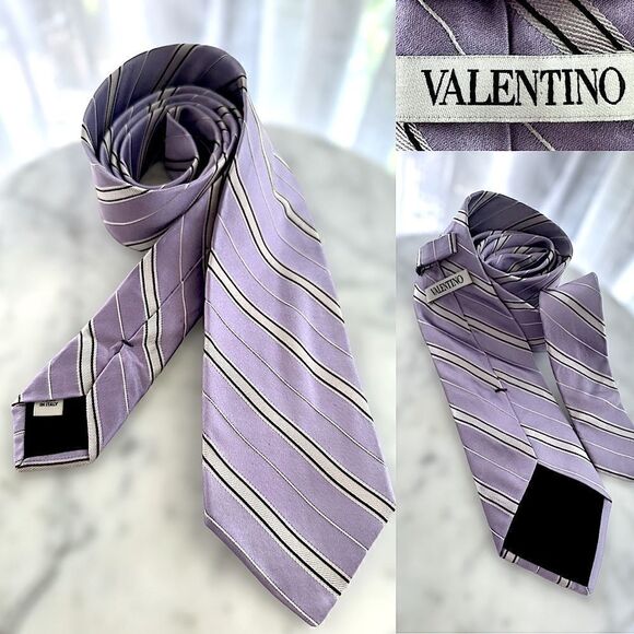 Valentino 100% Silk Purple Lavender & White Tie 3.25” Wide - Picture 1 of 12